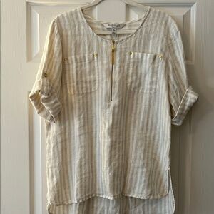 Ellen Tracy Beige and White Striped Linen Blouse